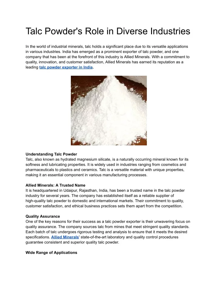 talc powder s role in diverse industries