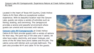 Canyon Lake RV Campgrounds Experience Nature at Creek Hollow Cabins & RV Park