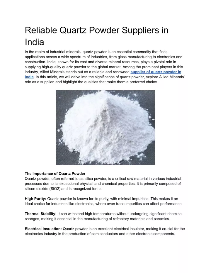 reliable quartz powder suppliers in india