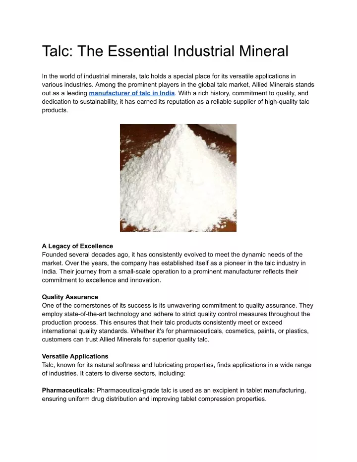 talc the essential industrial mineral