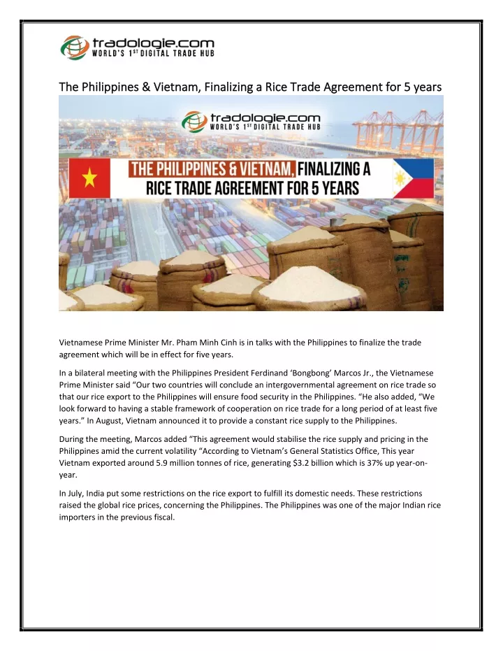 the philippines vietnam finalizing a rice trade