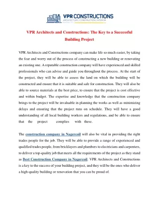 VPR Architects and Constructions The Key to a Successful Building Project