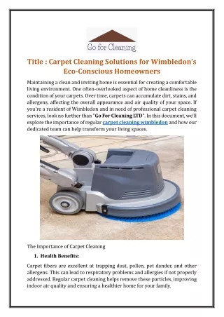 Carpet Cleaning Solutions for Wimbledon's Eco-Conscious Homeowners