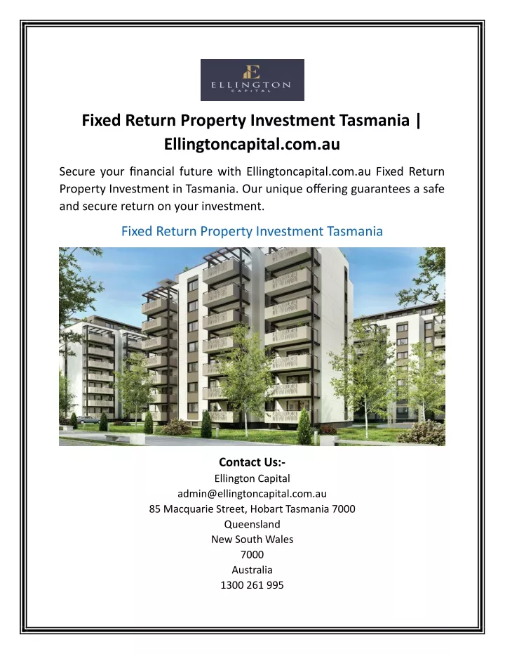 fixed return property investment tasmania