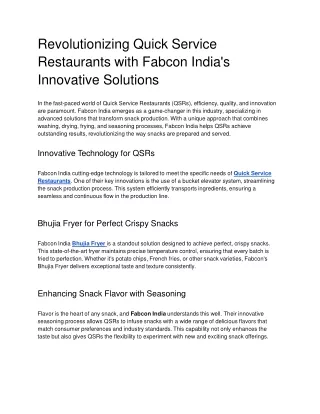 Revolutionizing Quick Service Restaurants with Fabcon India's Innovative Solutions