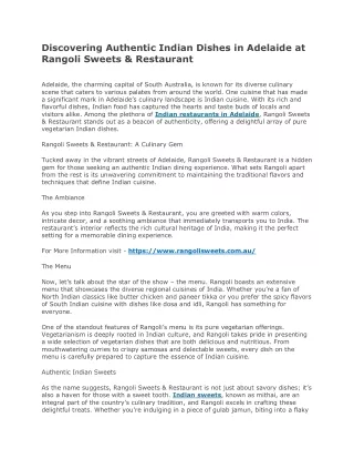 Discovering Authentic Indian Dishes in Adelaide at Rangoli Sweets & Restaurant