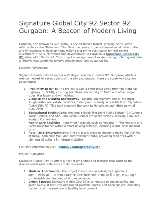 Signature Global City 92 Sector 92 Gurgaon A Beacon of Modern Living