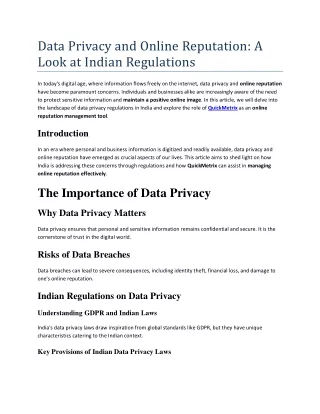 Data Privacy and Online Reputation - A Look at Indian Regulations