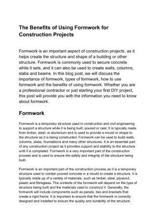 The Benefits of Using Formwork for Construction Projects