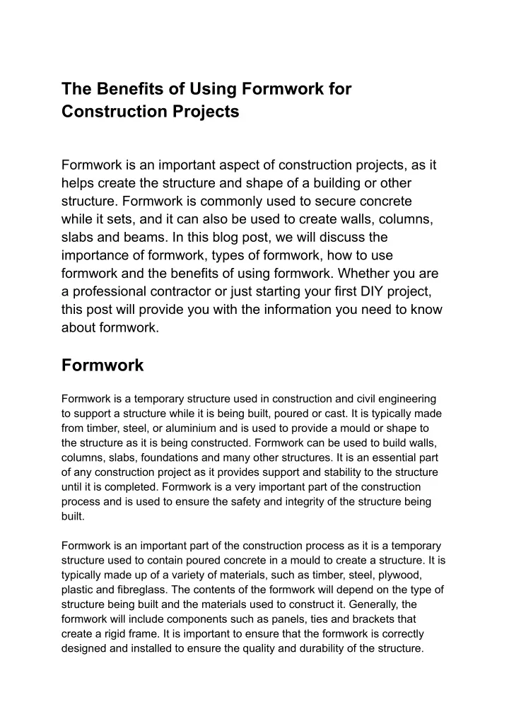 the benefits of using formwork for construction