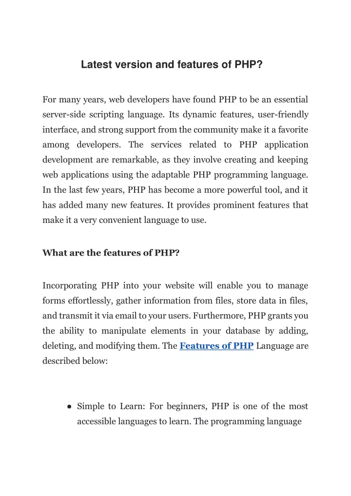 latest version and features of php