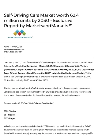 Self-Driving Cars Market worth 62.4 million units by 2030 - Exclusive Report by MarketsandMarkets™