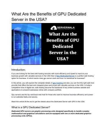 What Are the Benefits of GPU Dedicated Server in the USA_