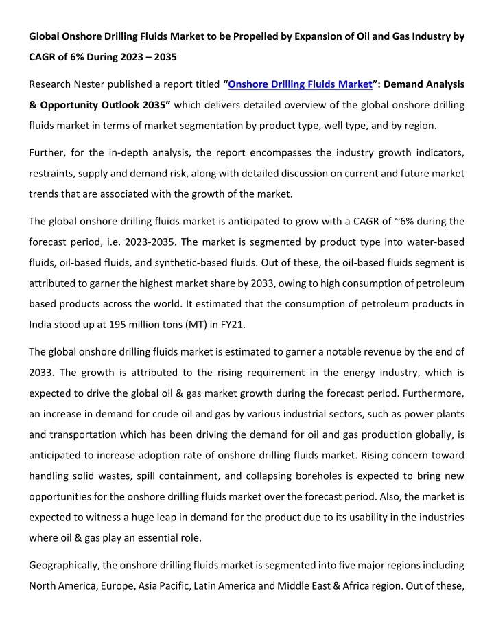 global onshore drilling fluids market