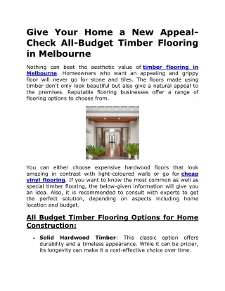 Give Your Home a New Appeal- Check All-Budget Timber Flooring in Melbourne