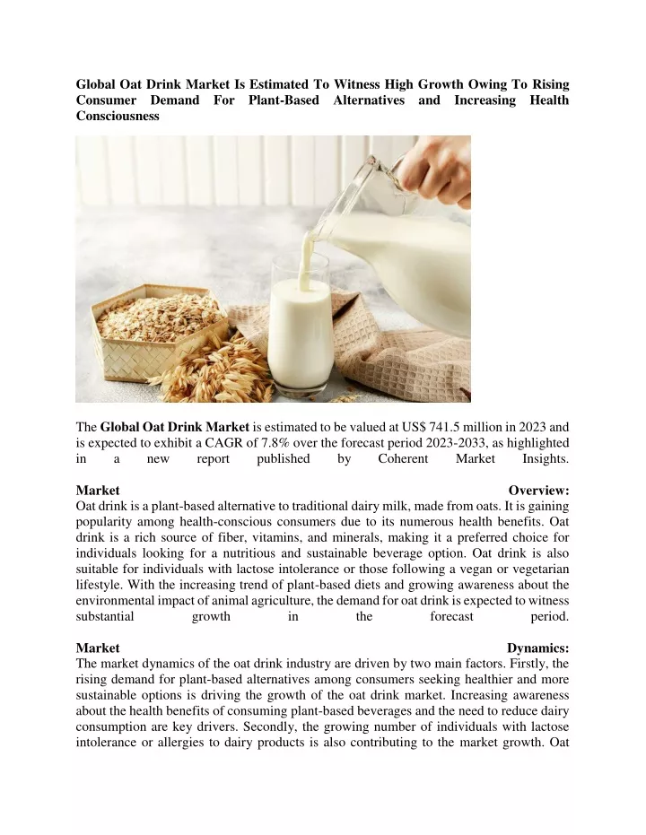 global oat drink market is estimated to witness