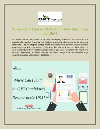 Where Can I Find an OPT Candidate's Resume in USA - Optnation