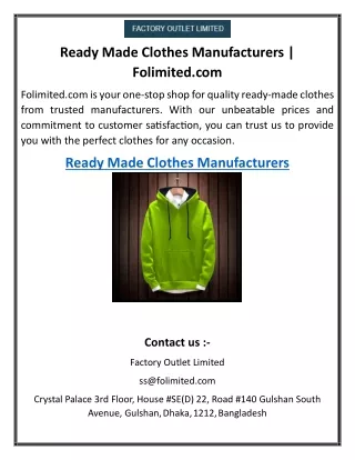 Ready Made Clothes Manufacturers | Folimited.com