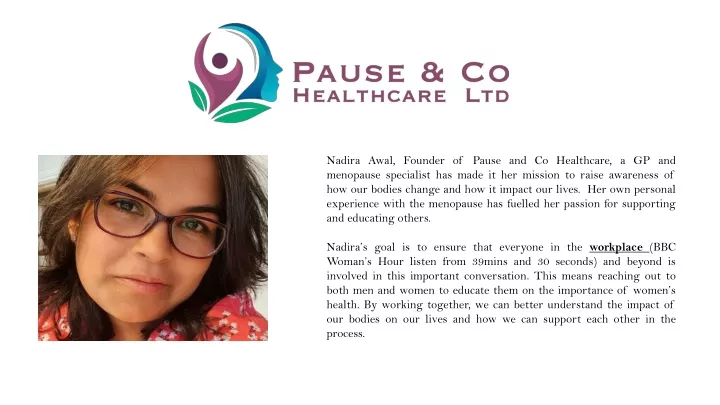 nadira awal founder of pause and co healthcare