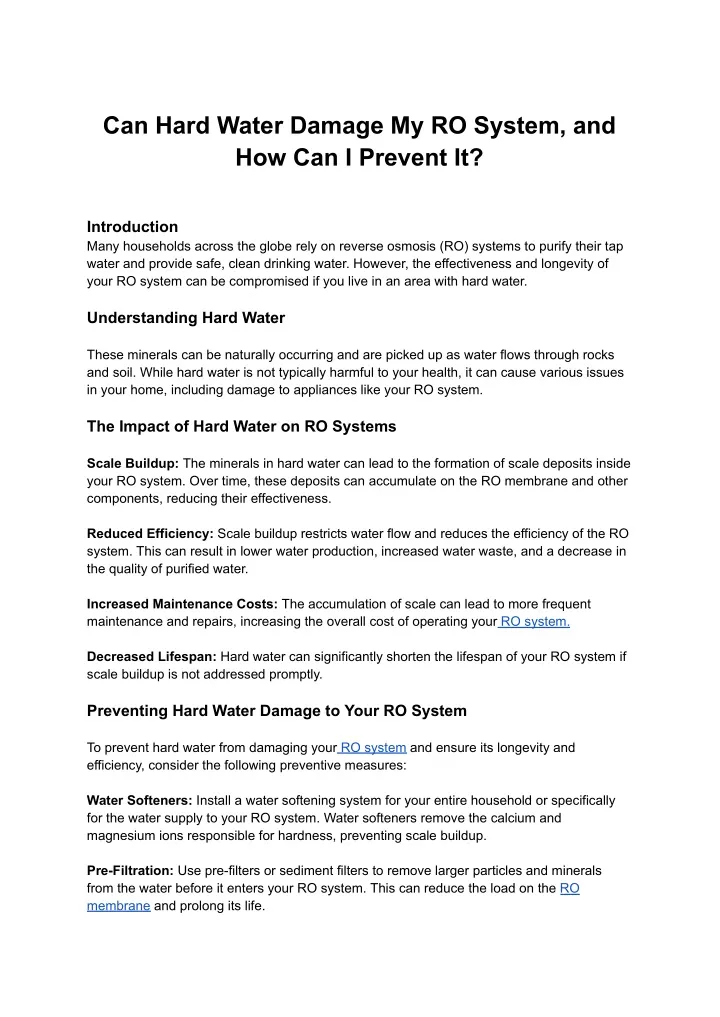 can hard water damage my ro system