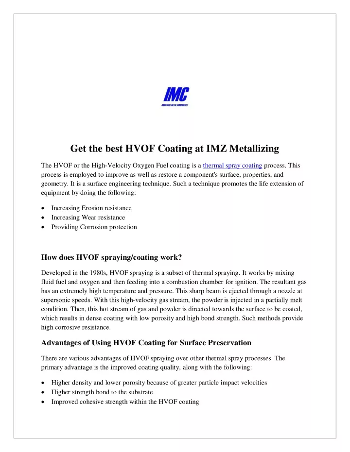 get the best hvof coating at imz metallizing