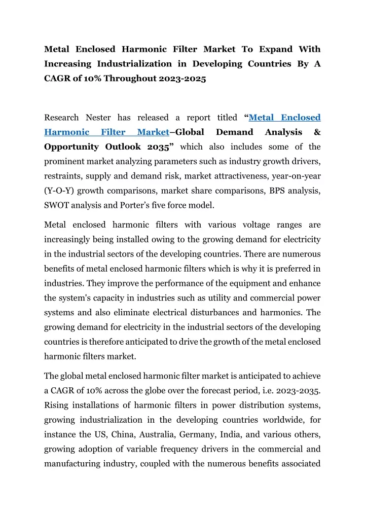 metal enclosed harmonic filter market to expand