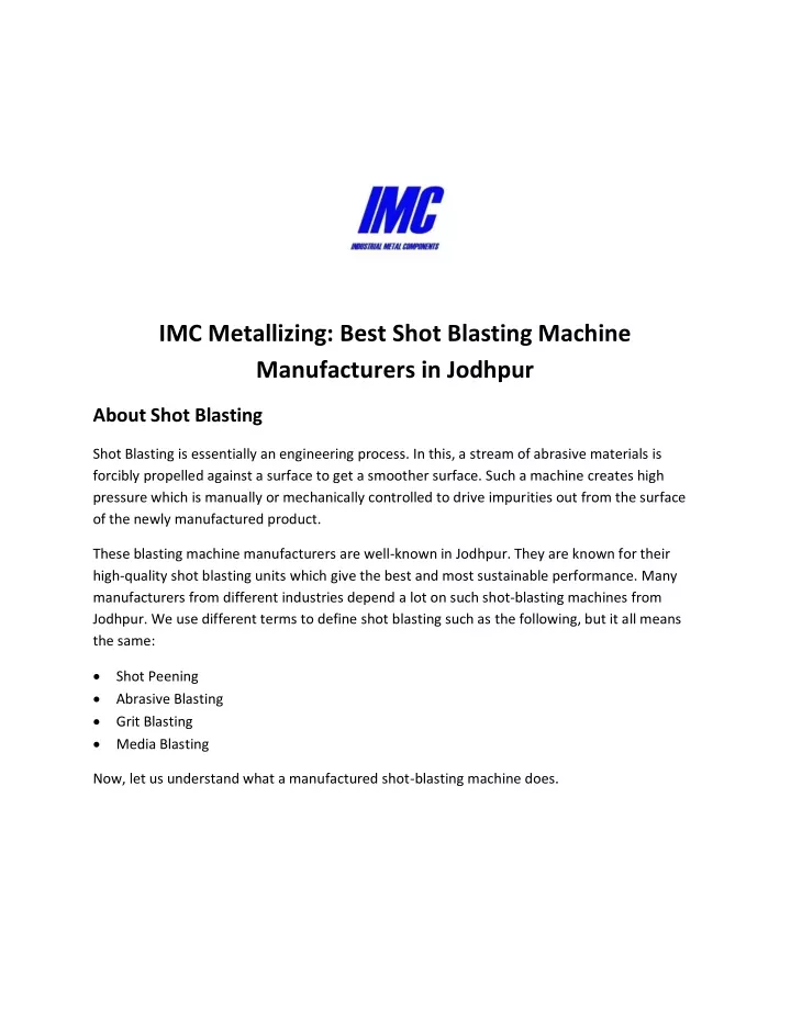 imc metallizing best shot blasting machine