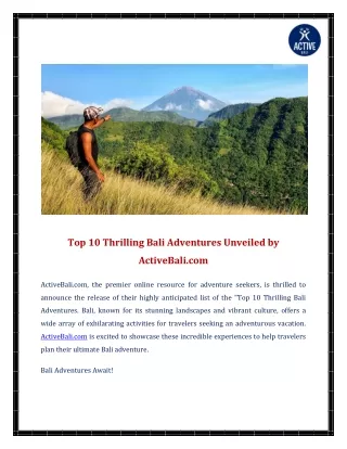 Top 10 Thrilling Bali Adventures Unveiled by ActiveBali.com