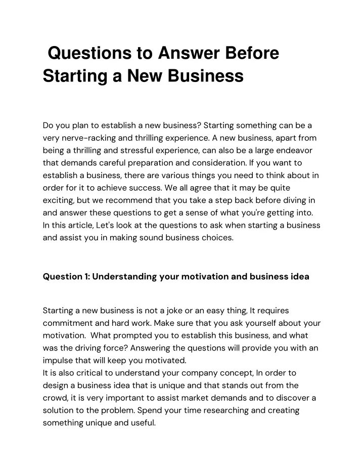 questions to answer before starting a new business