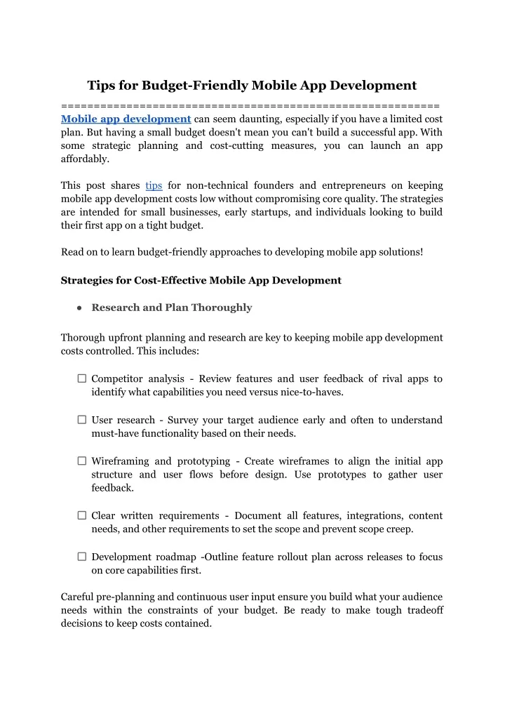 tips for budget friendly mobile app development