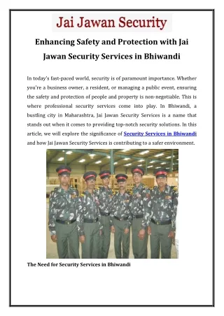 Enhancing Safety and Protection with Jai Jawan Security Services in Bhiwandi
