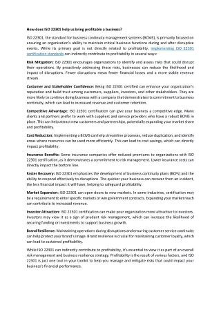 how does iso 22301 help us bring profitable