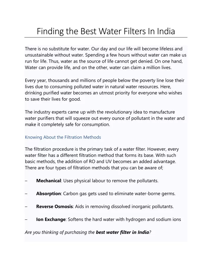 finding the best water filters in india