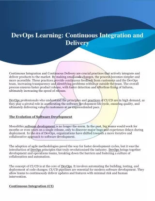 DevOps Learning Continuous Integration and Delivery