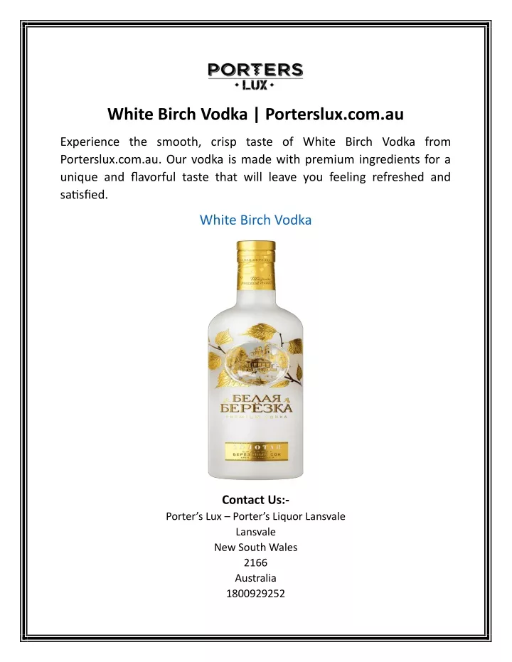 white birch vodka porterslux com au