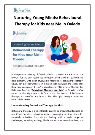 Nurturing Young Minds: Behavioral Therapy for Kids near Me in Oviedo