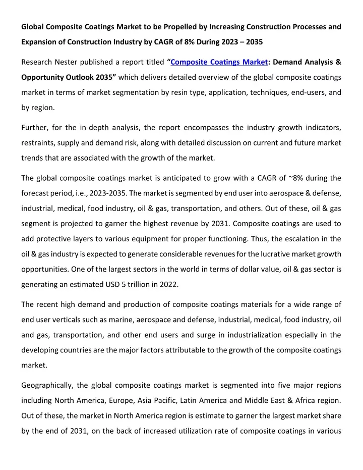 global composite coatings market to be propelled