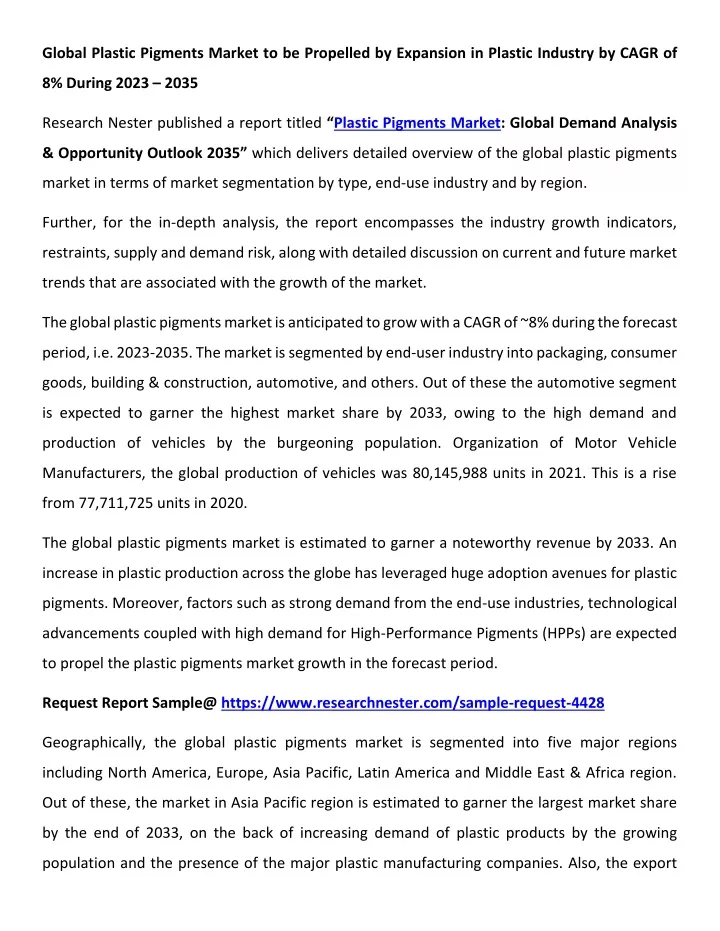 global plastic pigments market to be propelled