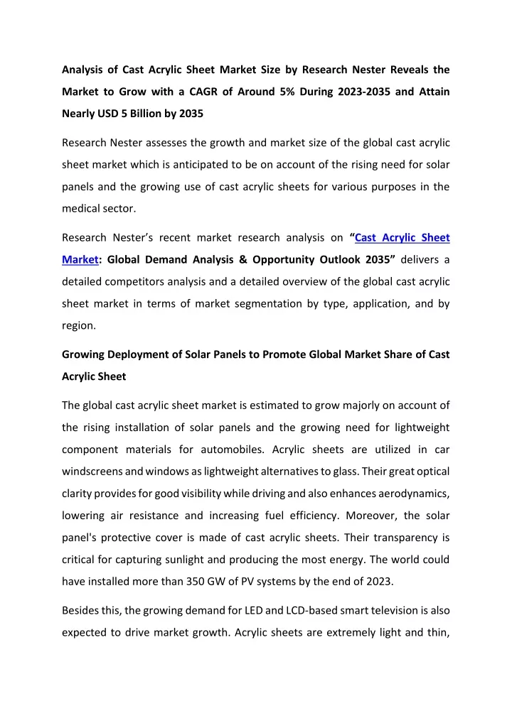 analysis of cast acrylic sheet market size