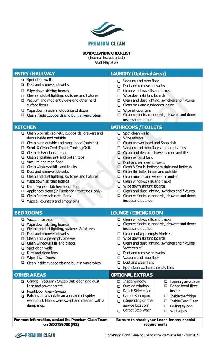 bond cleaning checklist internal inclusion list