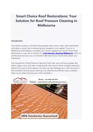 Smart Choice Roof Restorations - Your Solution for Roof Pressure Cleaning in Melbourne