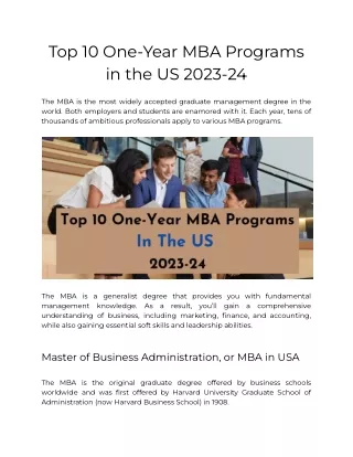 Top 10 One-Year MBA Programs in the US 2023-24