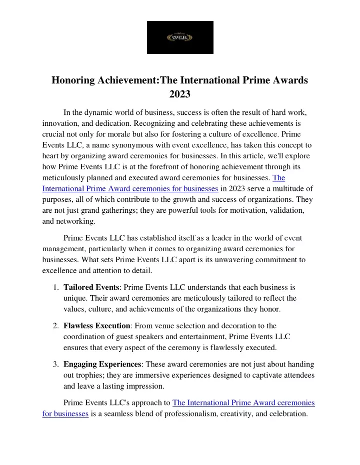 honoring achievement the international prime