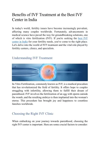 Benefits of IVF Treatment at the Best IVF Center in India