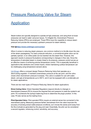 Pressure Reducing Valve for Steam Application
