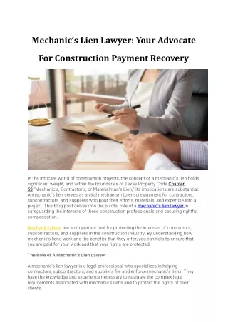 Mechanic’s Lien Lawyer - Your Advocate For Construction Payment Recovery