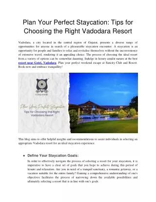 Plan Your Perfect Staycation -Tips for Choosing the Right Vadodara Resort