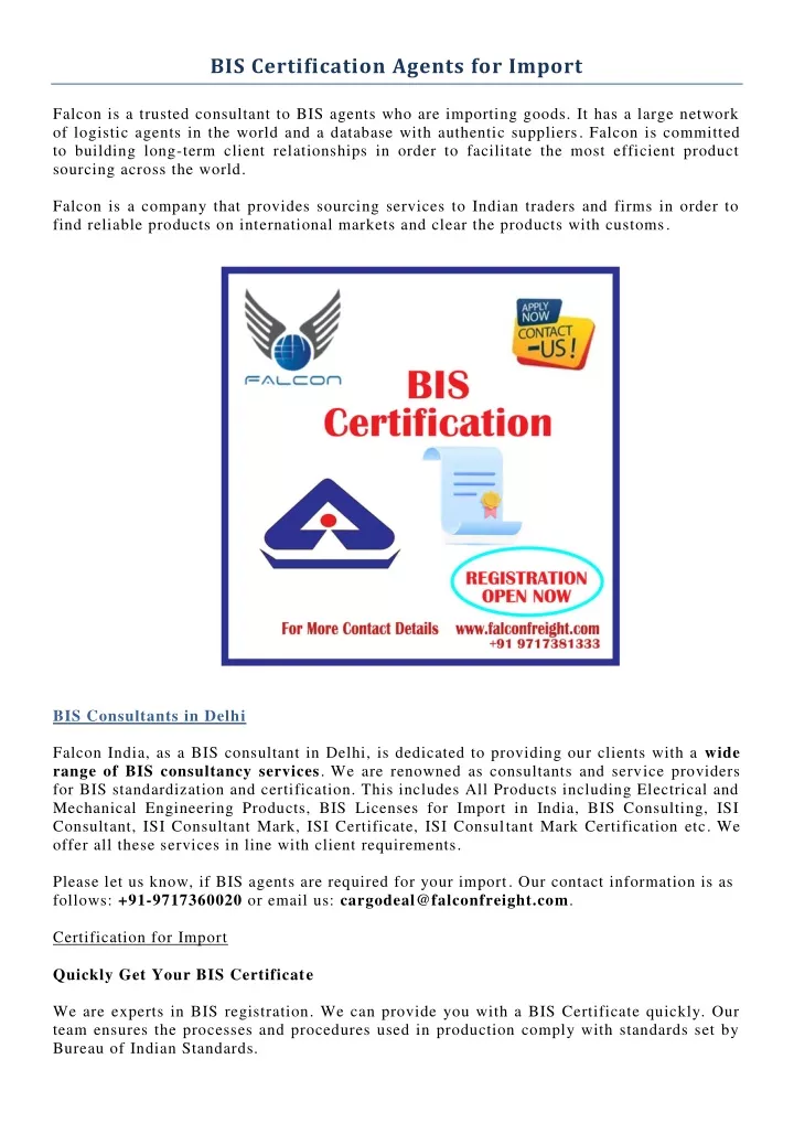 bis certification agents for import