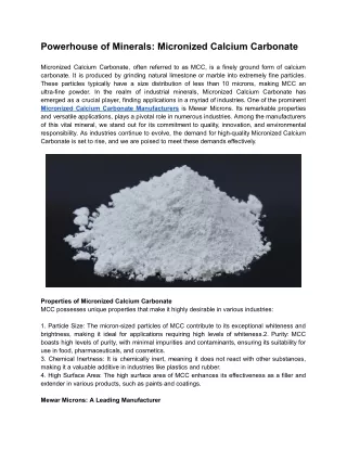 Powerhouse of Minerals: Micronized Calcium Carbonate