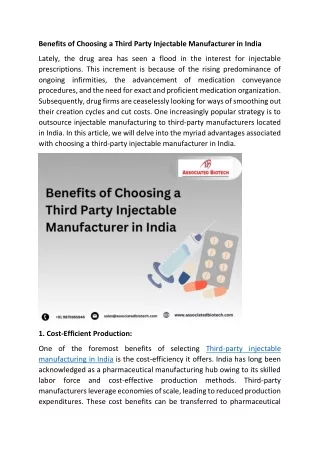 Benefits of Choosing a Third Party Injectable Manufacturer in India